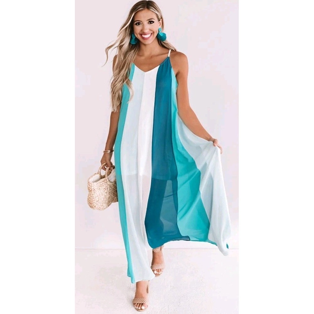 Entro Seek To Sea More Striped Turquoise Maxi Dress Womens Small D12518